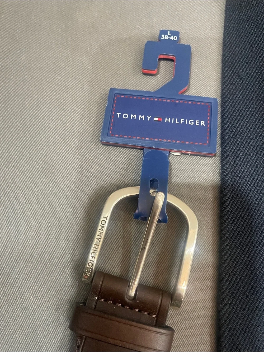 Tommy Hilfiger Navy Webbing Belt with Brown Leather Trim